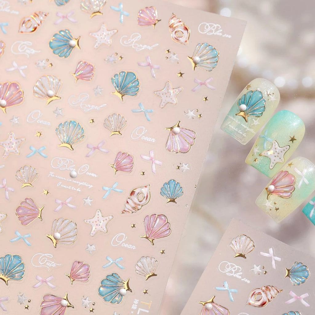 5D Beach Nail Stickers – Shell Starfish Gold Foil Decals Nail Art Stickers QXL