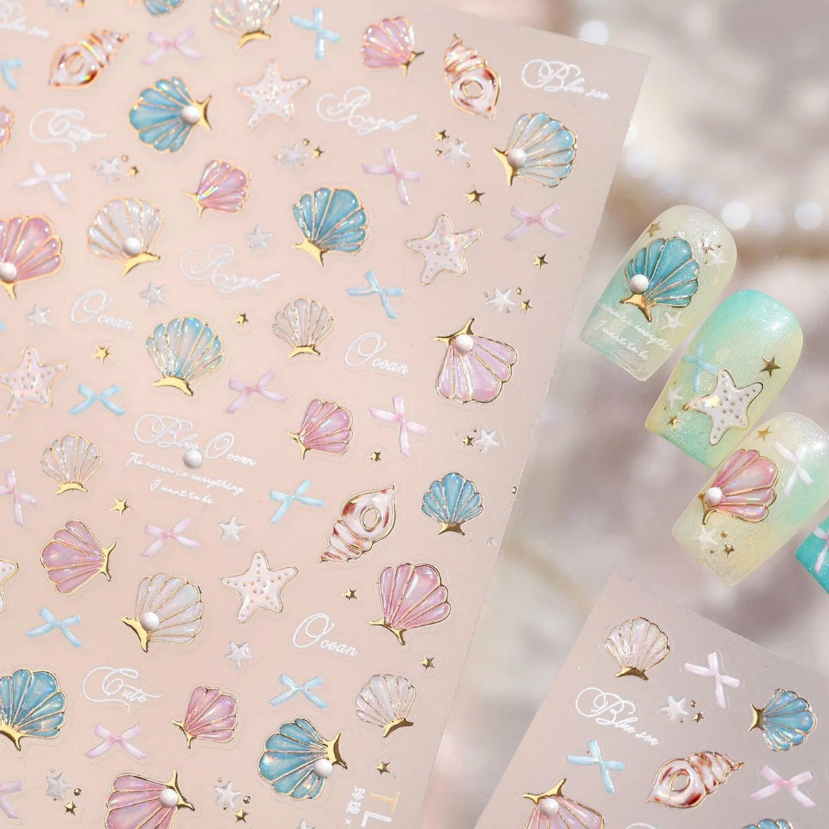 5D Beach Nail Stickers – Shell Starfish Gold Foil Decals Nail Art Stickers QXL