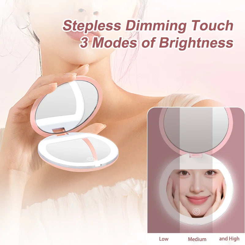 LED Compact Mirror 1X/3X Magnification | USB Rechargeable Pink LED Compact Mirror QXL