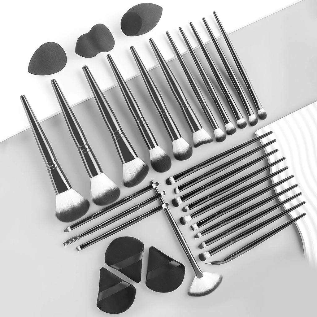 25-Pc Makeup Brush Set with Sponges, Puffs & Cleaning Bowl Makeup Brush Set QXL