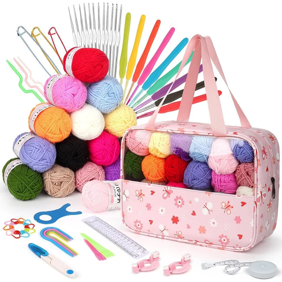 70-Piece Beginner Crochet Starter Kit – Hooks, Yarn & Bag Crochet Starter Kit QXL Pink