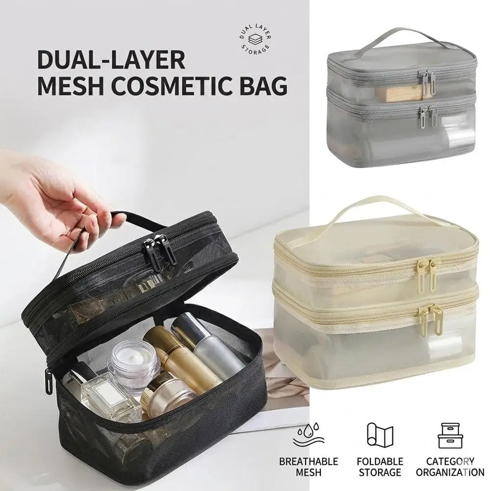 2-Layer Mesh Travel Cosmetic Organizer Bag | Foldable Makeup Pouch Travel Cosmetic Bag QXL