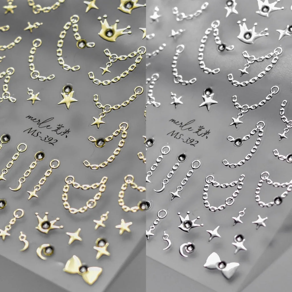 5D Star Chain Nail Art Stickers | Gold & Silver Rhinestone Decals Nail Art Stickers QXL