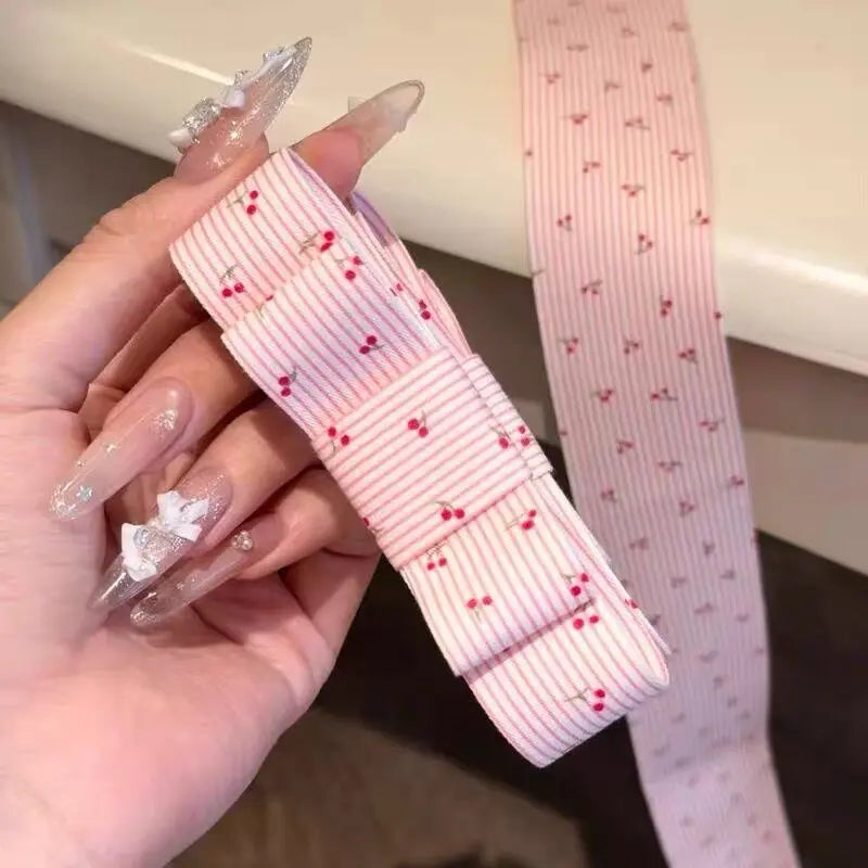 Cherry Print Bow Banana Clip | Pink Striped Ponytail Clip Hair Banana Clip QXL NO.1
