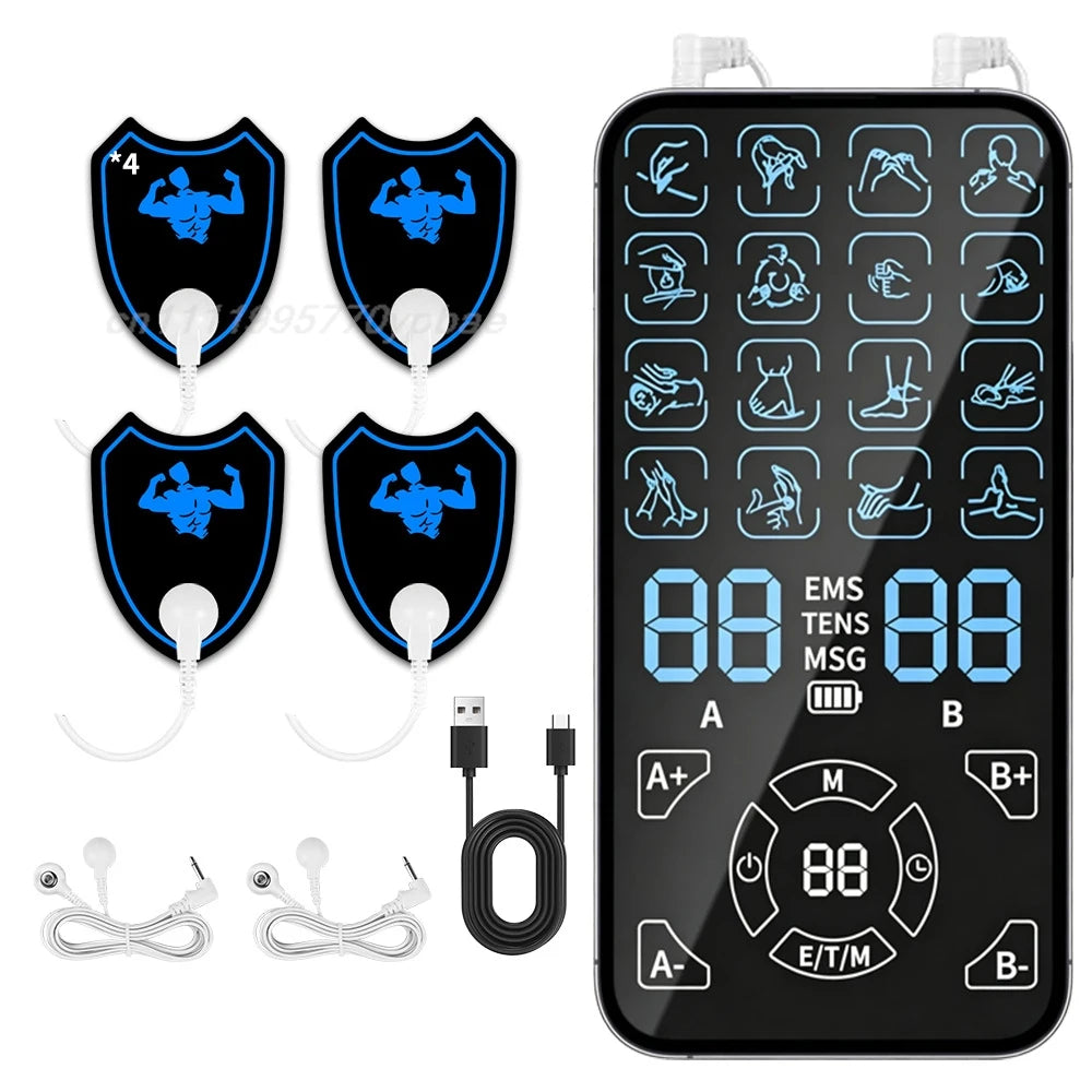 TENS & EMS Muscle Stimulator | 16 Modes, Dual Channel Massager Muscle Stimulator QXL A8-2-hole 4 patch