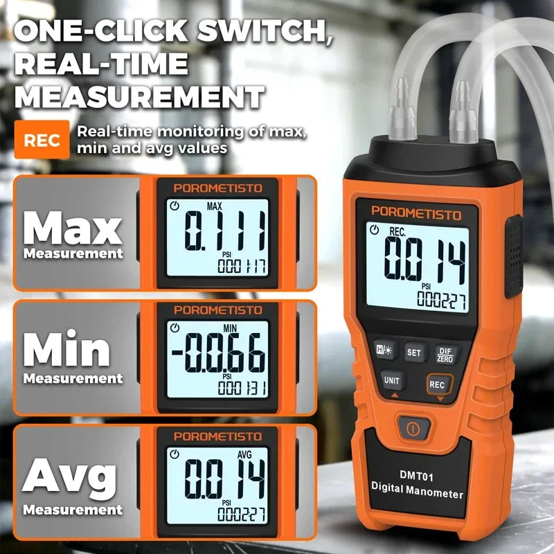 POROMETISTO DMT01 Digital Manometer | 12-Unit Dual Port Gauge Digital Manometer QXL