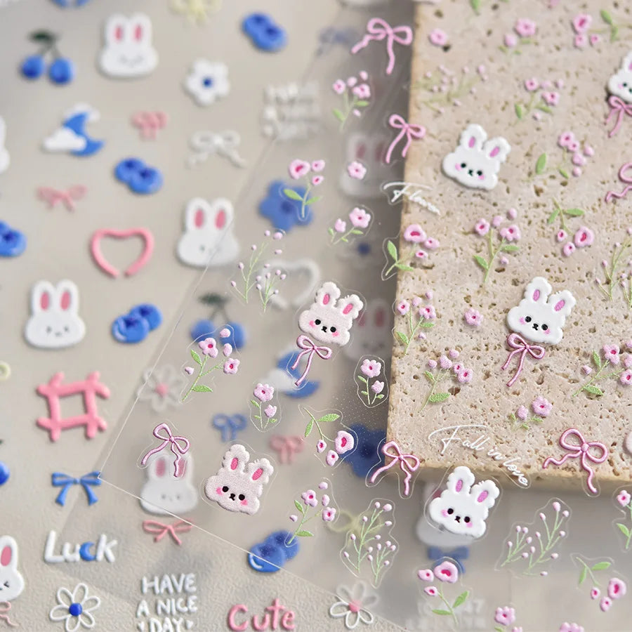 5D Kawaii Rabbit Nail Stickers | Embossed Cartoon Nail Art Decals Nail Art Stickers QXL