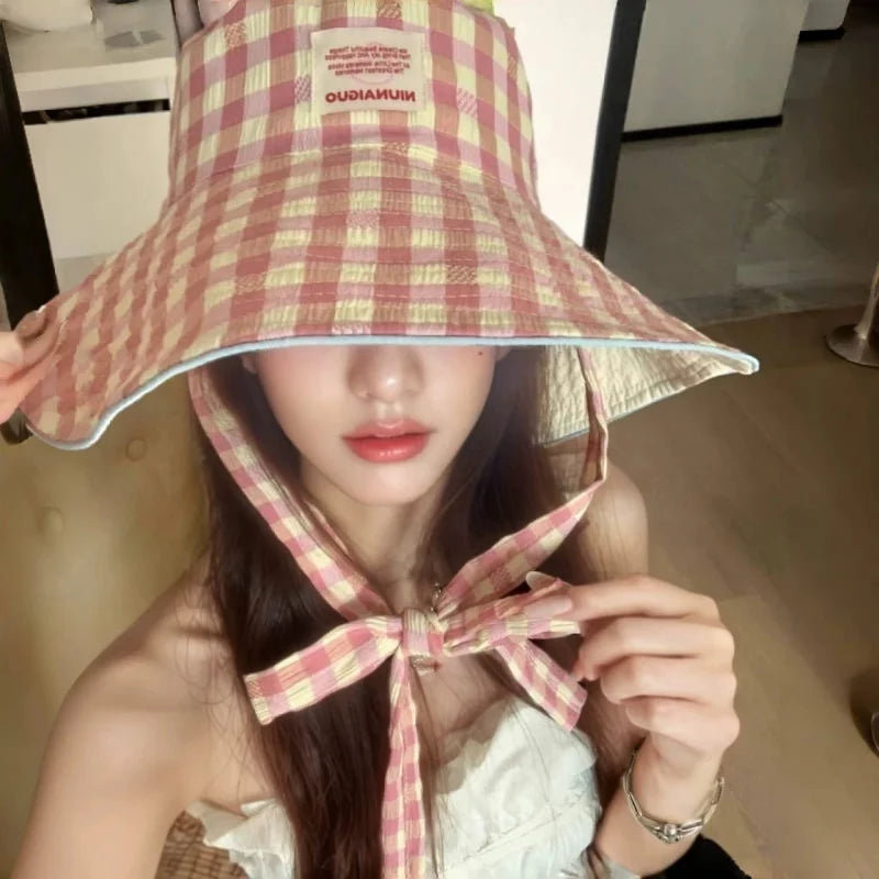 Double-Sided Checkered Wide Brim Sun Hat | Foldable Beach Hat Wide Brim Sun Hat QXL