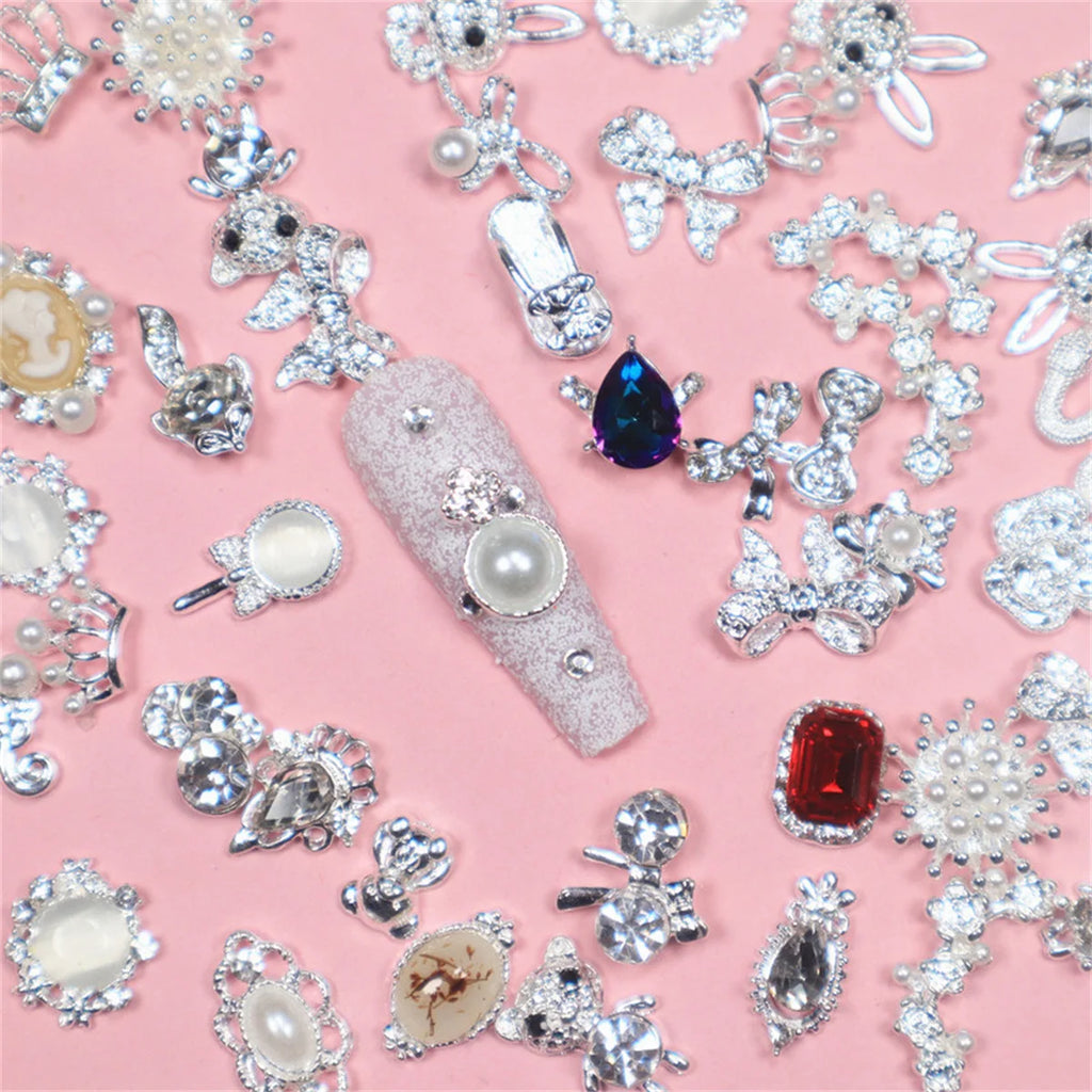 10-Pack 3D Zircon Nail Charms | Mixed Gold Silver Alloy DIY Nail Art Charms QXL