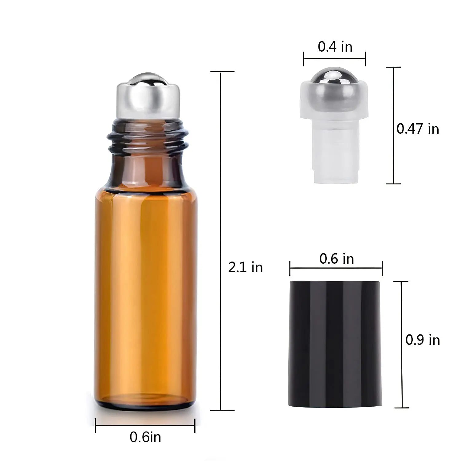 10-Pack Amber Glass Roll-On Bottles | Steel Roller & Black Cap Roll-On Bottles QXL