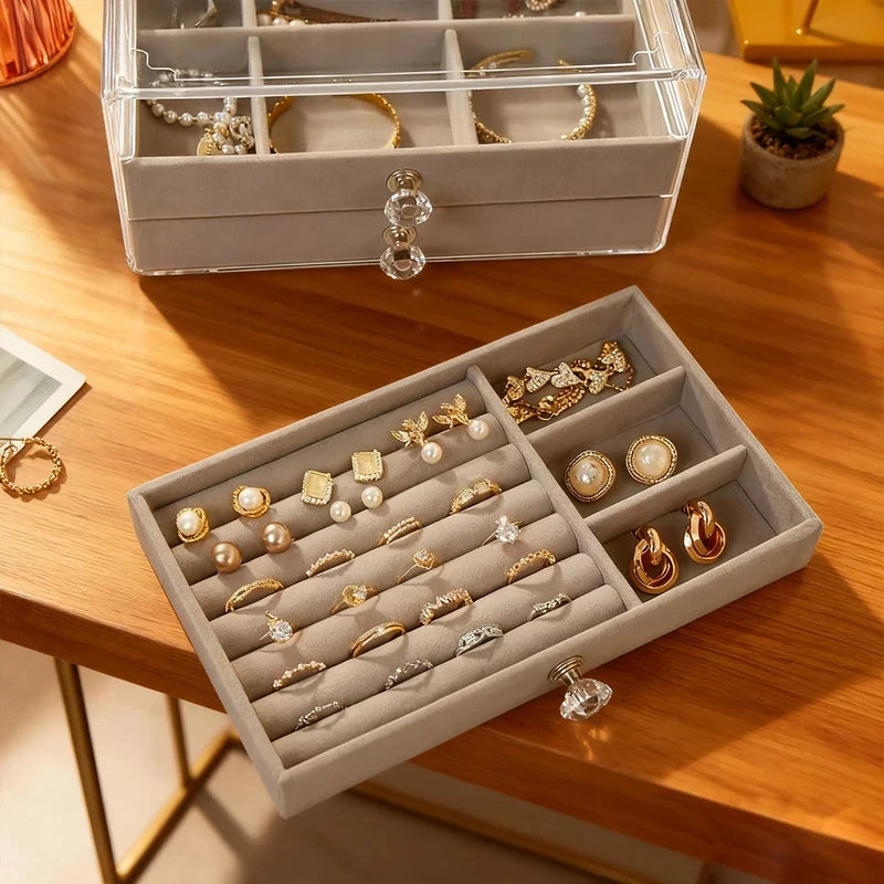 3-Tier Stackable Drawer Jewelry Box | Velvet Organizer Case Jewelry Storage Box QXL