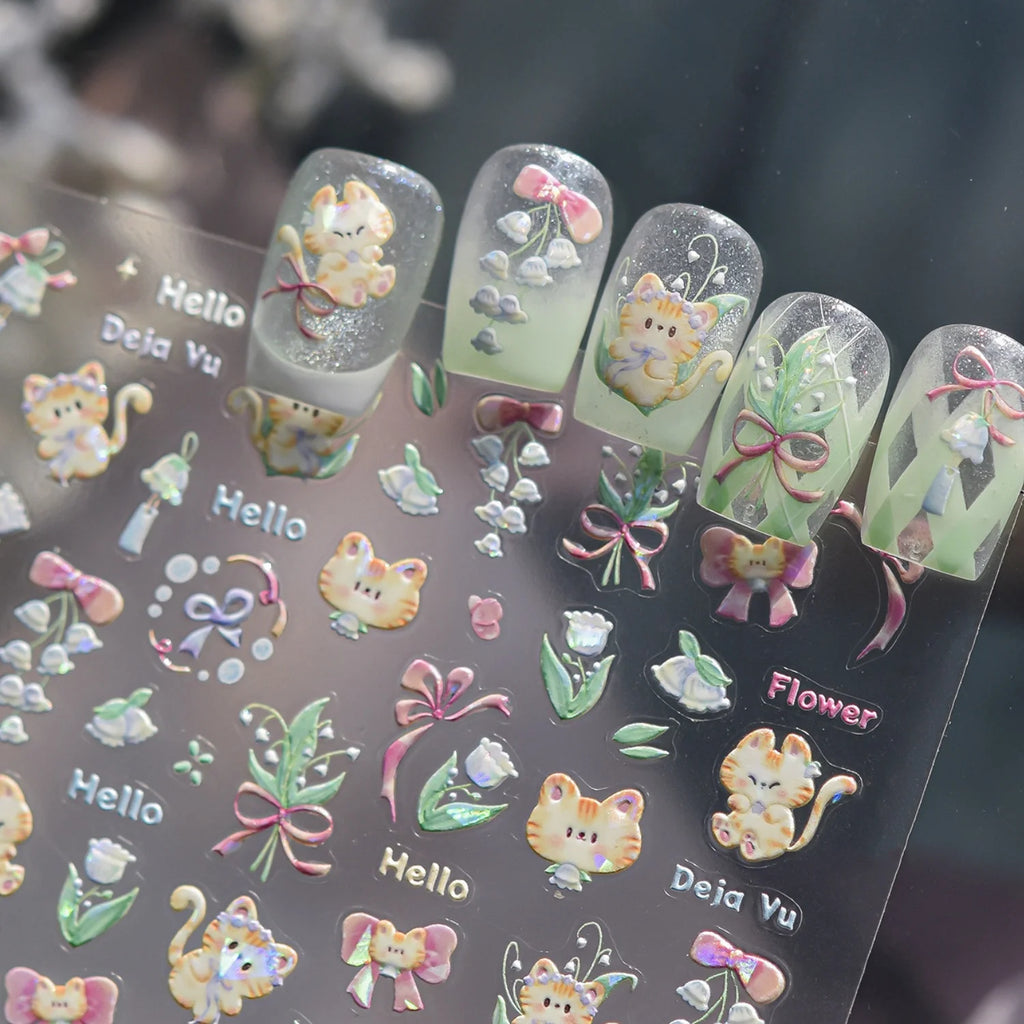 5D Holographic Cat & Floral Embossed Nail Stickers | Self-Adhesive Nail Art Stickers QXL