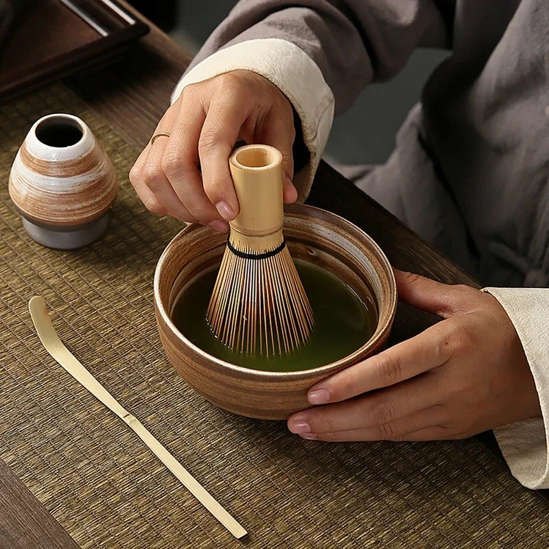 4-Piece Matcha Whisk Set – Ceramic Bowl, Bamboo Brush & Stand Matcha Tea Set QXL