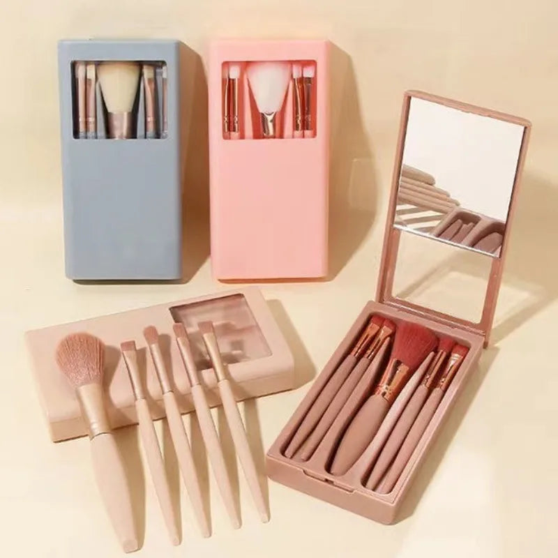 5-Pc Foldable Travel Makeup Brush Set with Mirror Travel Makeup Brush Set QXL