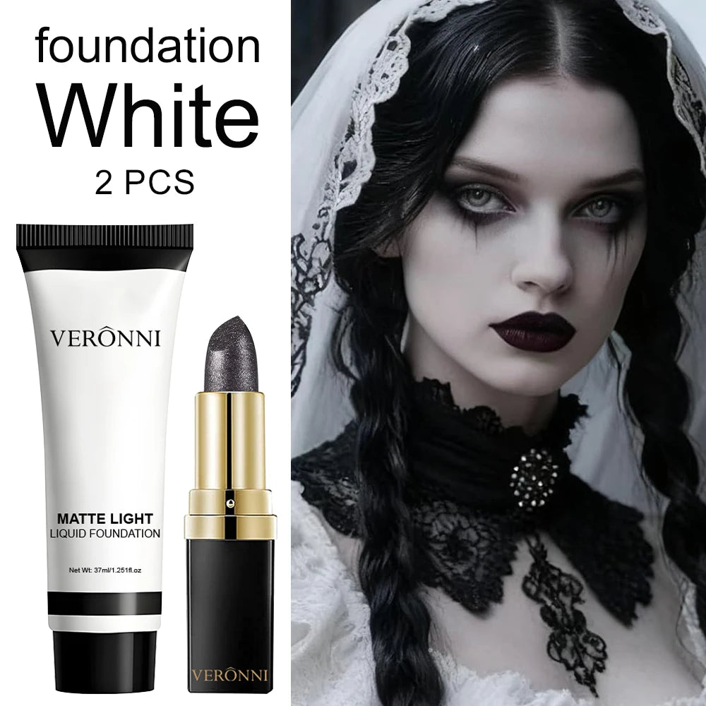 Matte White Foundation & Black Lipstick | Goth Halloween Set Cosplay Makeup Set QXL