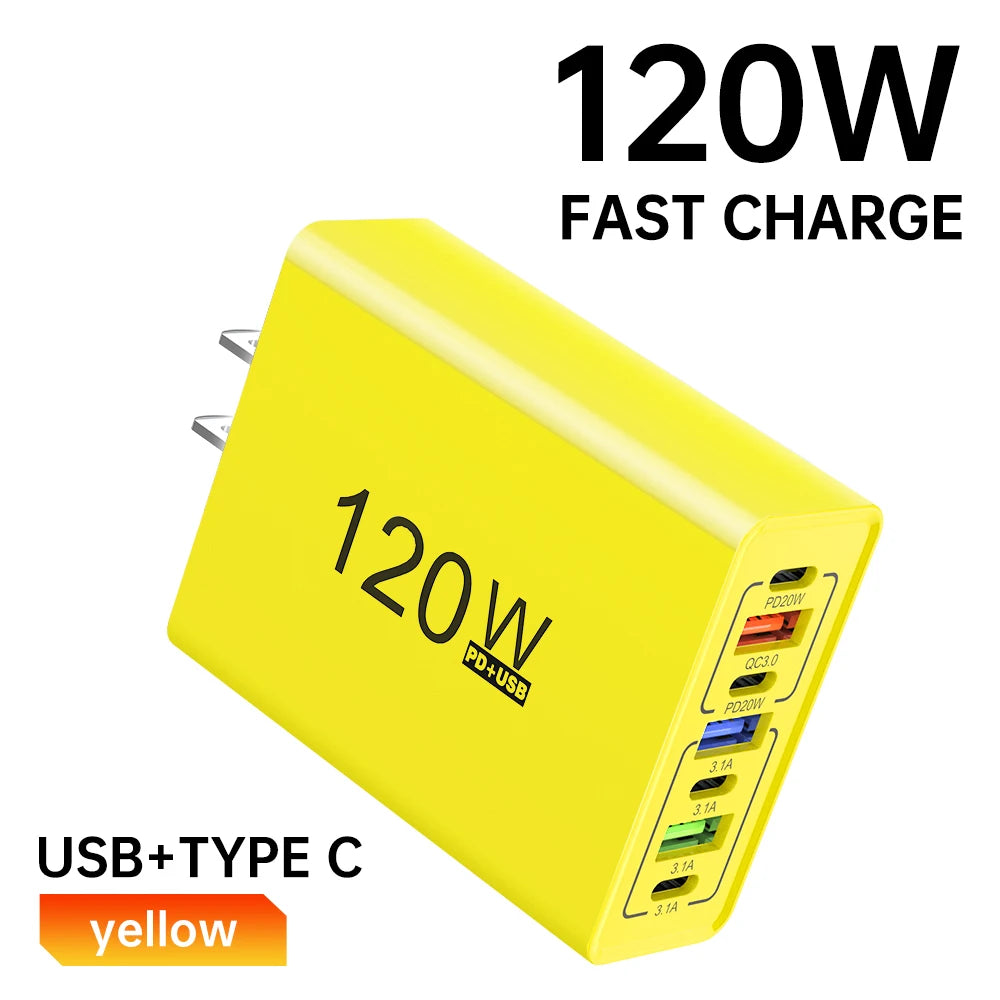 120W 7-in-1 USB-C Fast Wall Charger | PD & Quick Charge 3.0 Multi-Port Wall Charger QXL US Plug Yellow