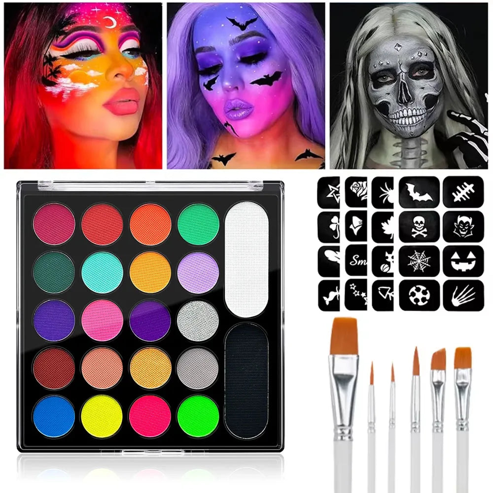 VERONNI 22-Color Face & Body Paint Kit | Halloween Cosplay Face & Body Paint Kit QXL 3pcs-6Brush