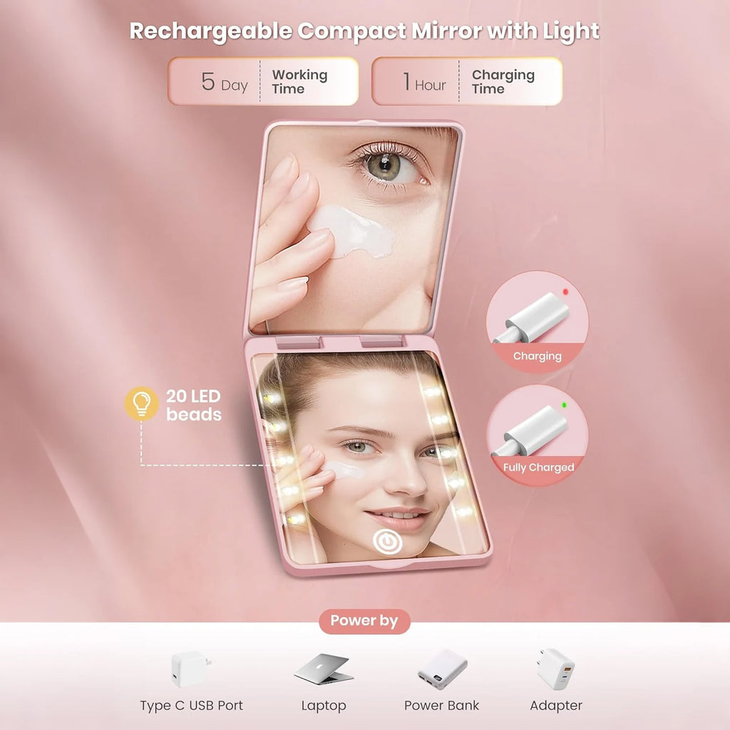 Compact LED Makeup Mirror | 20X Magnifying, 3 Lighting Modes LED Magnifying Mirror QXL