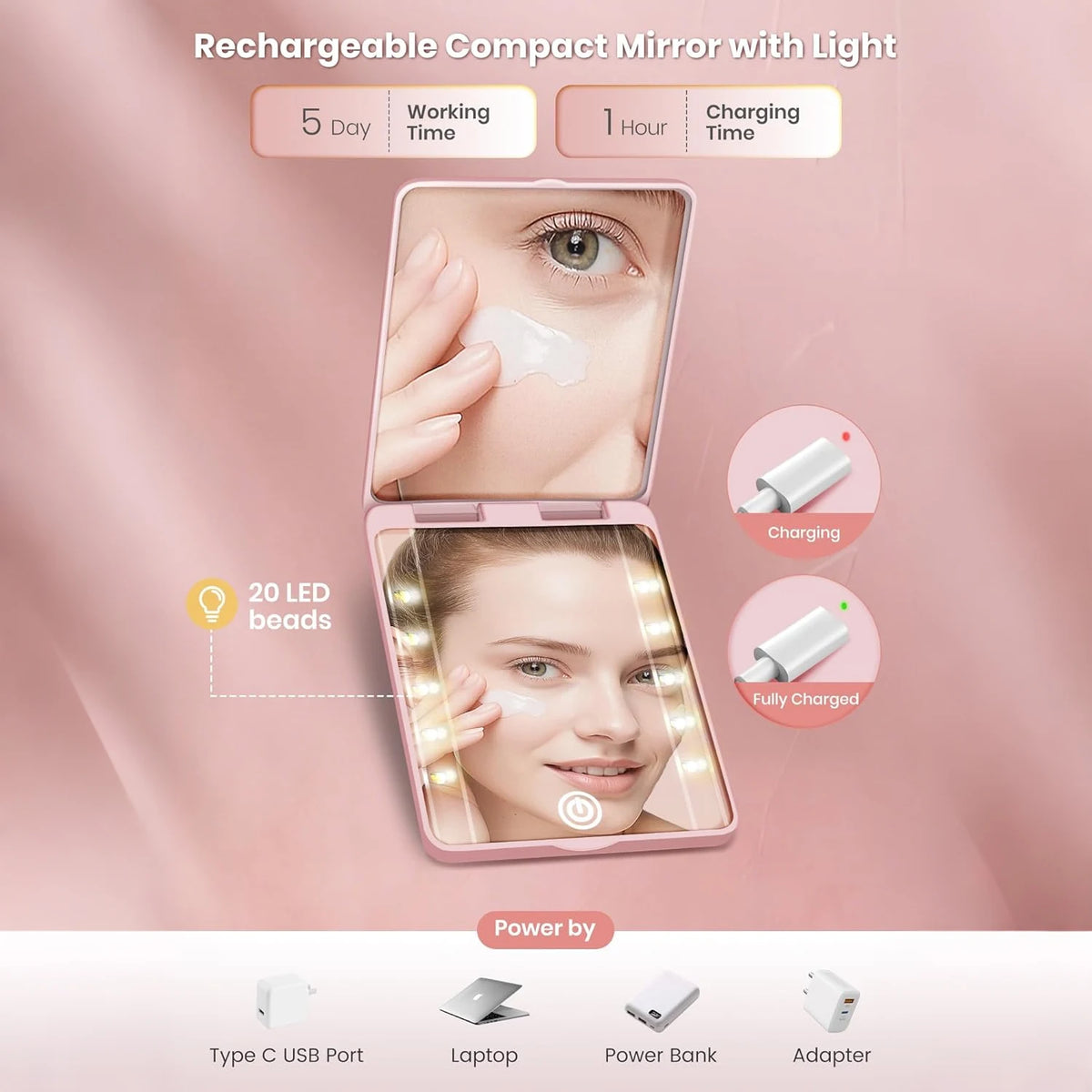 Compact LED Makeup Mirror | 20X Magnifying, 3 Lighting Modes LED Magnifying Mirror QXL