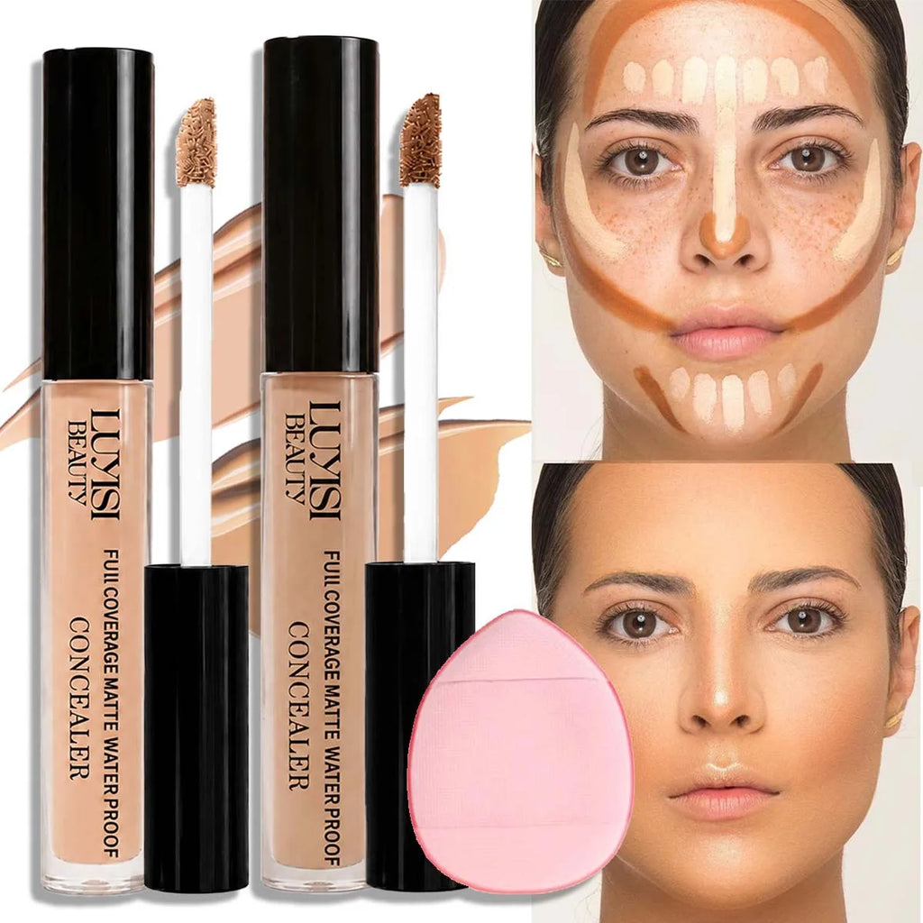 2-Pack Waterproof Matte Liquid Concealer + Puff | Full Coverage Liquid Concealer Set QXL