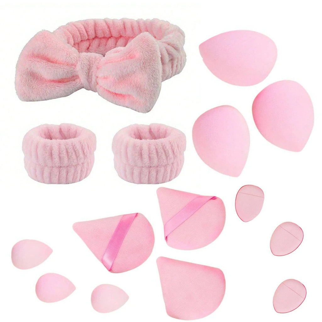 15-Piece Makeup Starter Set | Headband, Wristband & Puffs Makeup Starter Set QXL Pink