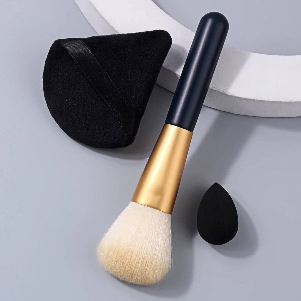 KOSSHOW 3-Pc Blush Brush & Makeup Puff Set | Black Makeup Brush Set QXL