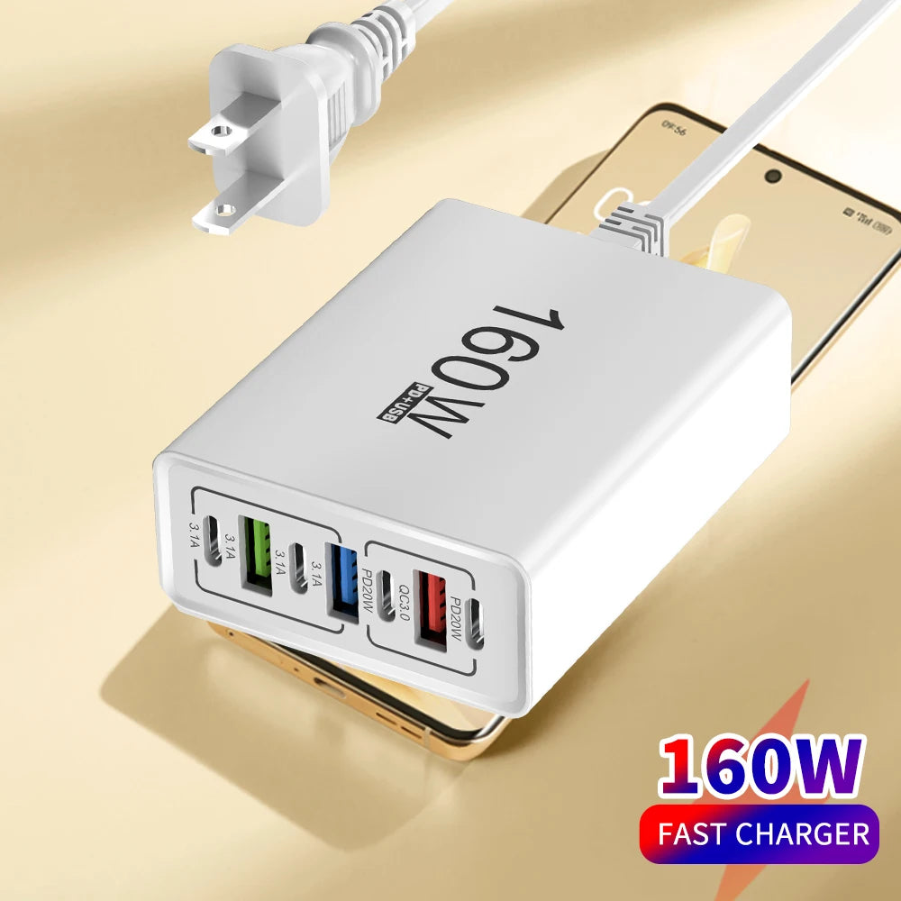 160W 7-Port USB-C Fast Charger | EU & US Wall Adapter QC3.0 Multi-Port Wall Charger QXL