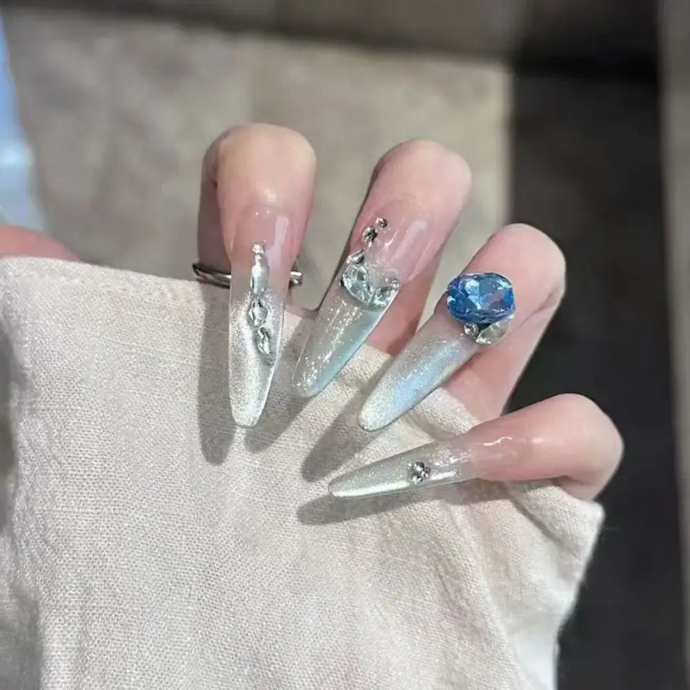 30-Pc Almond Stiletto Press-On Nails | Cat Eye Rhinestone Press-On Nail Tips QXL