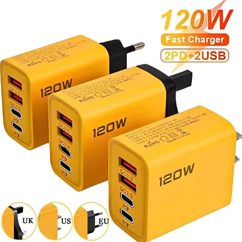 120W 4-Port USB-C Wall Charger QC3.0 Fast Charge Travel Plug USB Wall Charger QXL