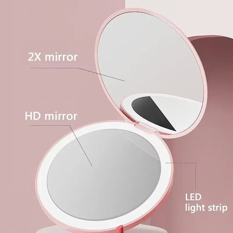 Pocket LED Makeup Mirror | Portable 2X Magnifying Compact Lighted Makeup Mirror QXL