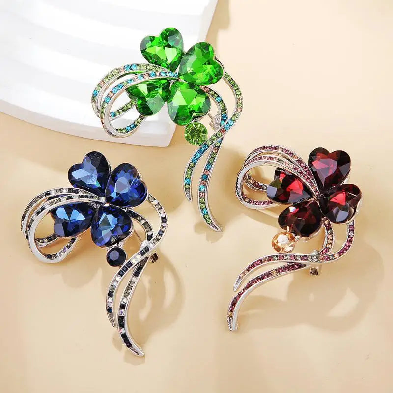 Rhinestone Crystal Four Leaf Clover Brooch for Women Fashion Brooch Pin QXL