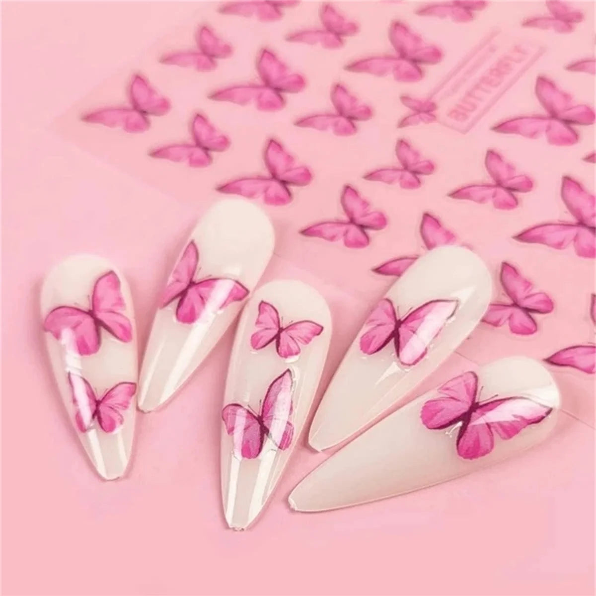 5D Kawaii Butterfly Nail Art Stickers | Korean Pink Gradient Nail Art Stickers QXL