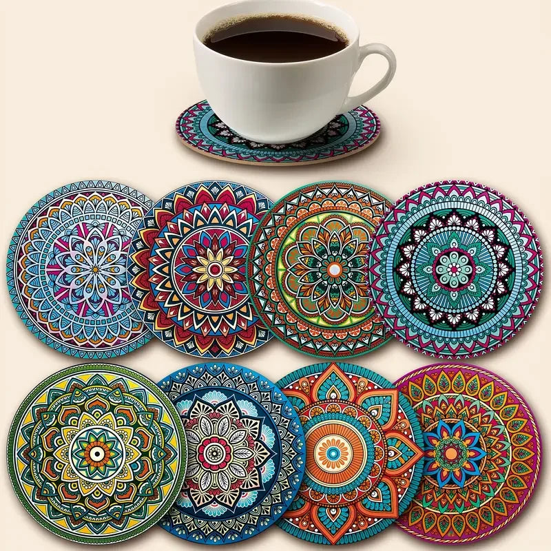 8-Piece Mandala Wooden Coasters Set | Home Bar & Decor Wooden Coaster Set QXL 8pcs