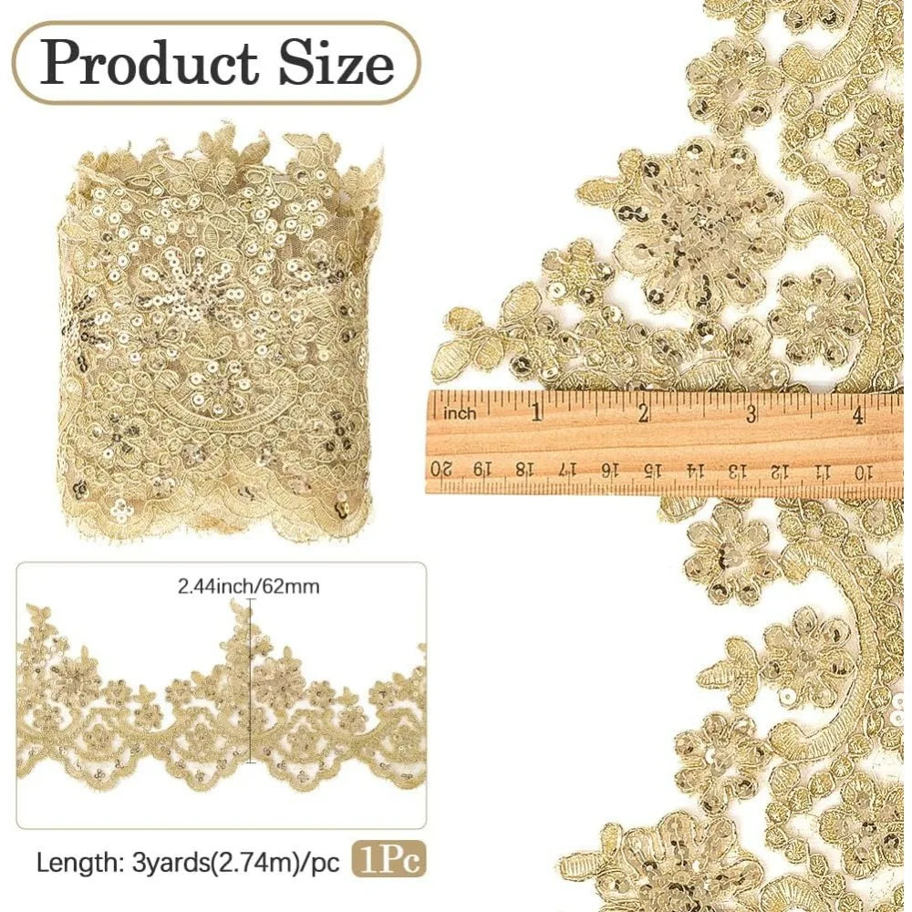 Gold Venice Lace Trim 3 Yards | Sequin Flower Embroidery Ribbon Lace Trim Ribbon QXL