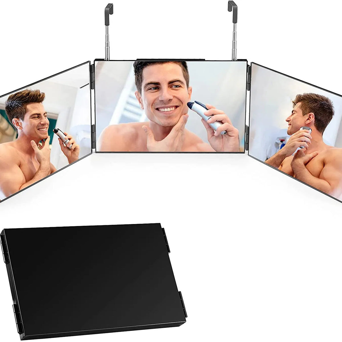 360° Trifold Makeup Mirror | Height-Adjustable Telescoping Hook Trifold Makeup Mirror QXL