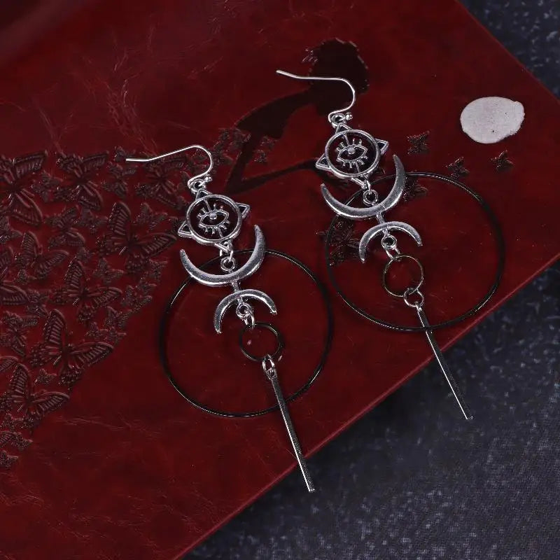 Moon Crescent Devil Eye Long Drop Earrings | Vintage Statement Drop Earrings QXL