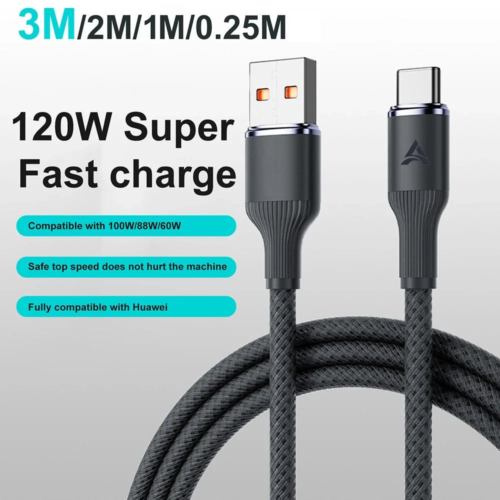 120W USB-A to USB-C Fast Charging Cable | iPhone & Samsung USB Charging Cable QXL black 3m