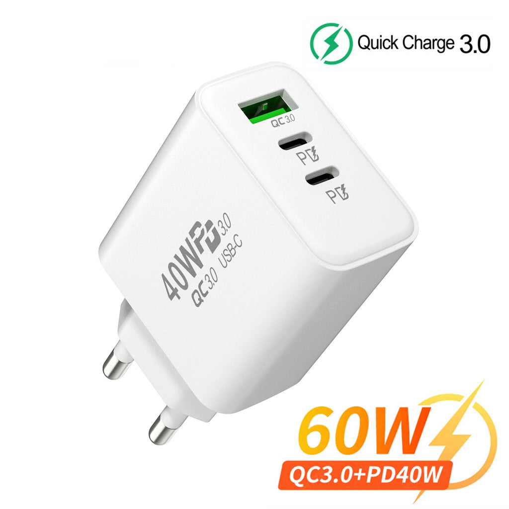 60W USB-C 3-Port Fast Wall Charger QC 3.0 | EU/US/UK Plug USB Wall Charger QXL