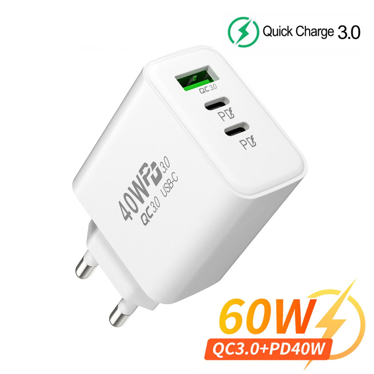 60W USB-C 3-Port Fast Wall Charger QC 3.0 | EU/US/UK Plug USB Wall Charger QXL