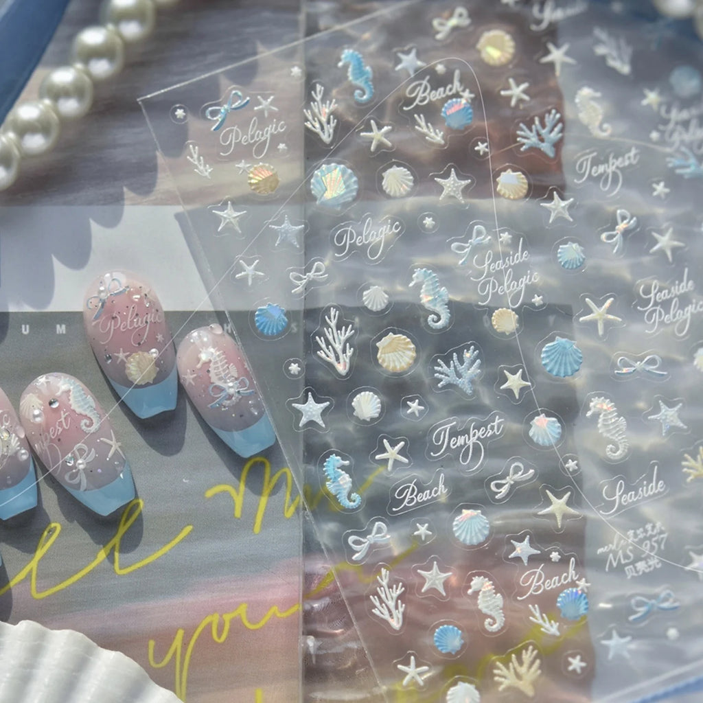 5D Ocean Nail Stickers – Iridescent Shell Starfish Seahorse Nail Art Stickers QXL