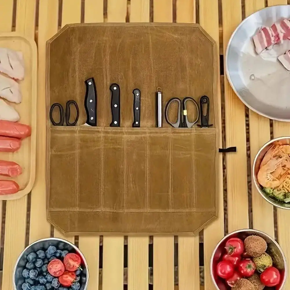 7-Slot Wax Canvas Knife Roll Bag | Chef & Camping Organizer Knife Roll Bag QXL