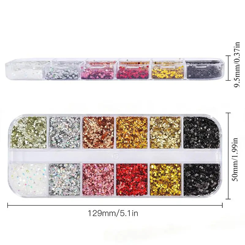 12-Grid Nail Glitter Set | Star & Heart Sequins for Nail Art Nail Art Glitter QXL