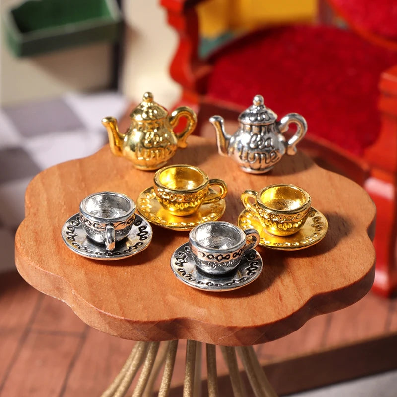 1:12 Dollhouse Miniature Metal Tea Set – Teapot Cup & Saucer Dollhouse Miniature Set QXL
