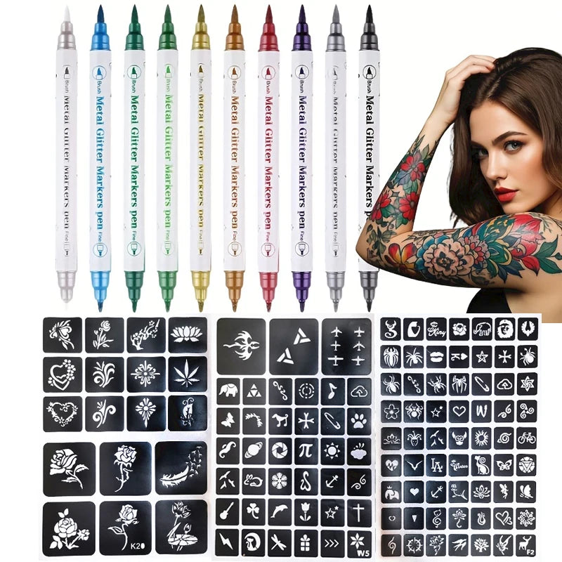 10-Color Dual-Ended Temporary Tattoo Pen Set | Body & Face Art Temporary Tattoo Pen QXL