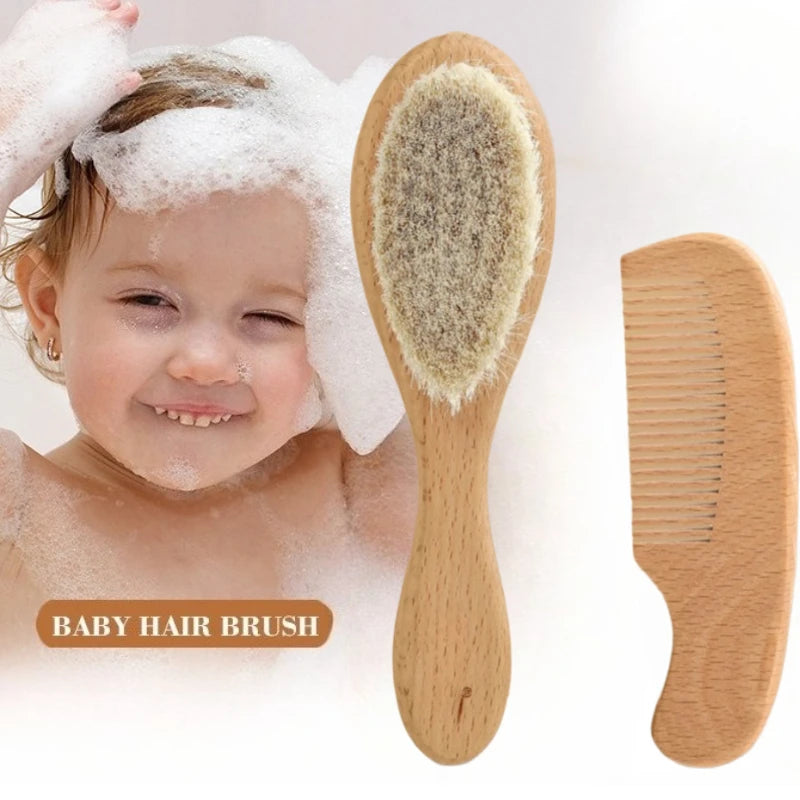 Newborn Baby Beech Wood Brush & Soft Wool Scalp Massager Baby Hair Brush QXL 2Pcs Set