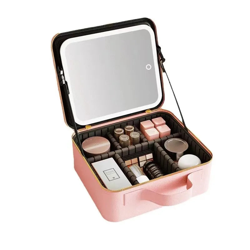 LED Lighted Makeup Train Case | 3-Color Mirror & Organizer Lighted Makeup Train Case QXL