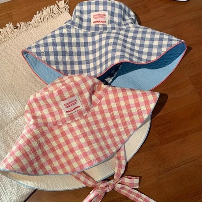 Double-Sided Checkered Wide Brim Sun Hat | Foldable Beach Hat Wide Brim Sun Hat QXL