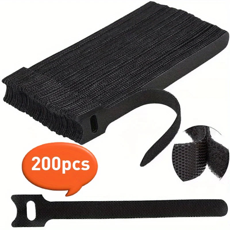 200-Pack Reusable Hook & Loop Cable Ties 8"×0.5" | Black Reusable Cable Ties QXL 200pcs