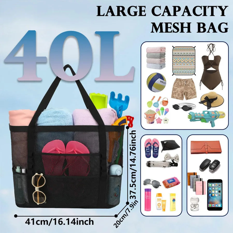 2-in-1 Large Mesh Beach Bag with Waterproof Zipper Pocket Mesh Tote Bag QXL