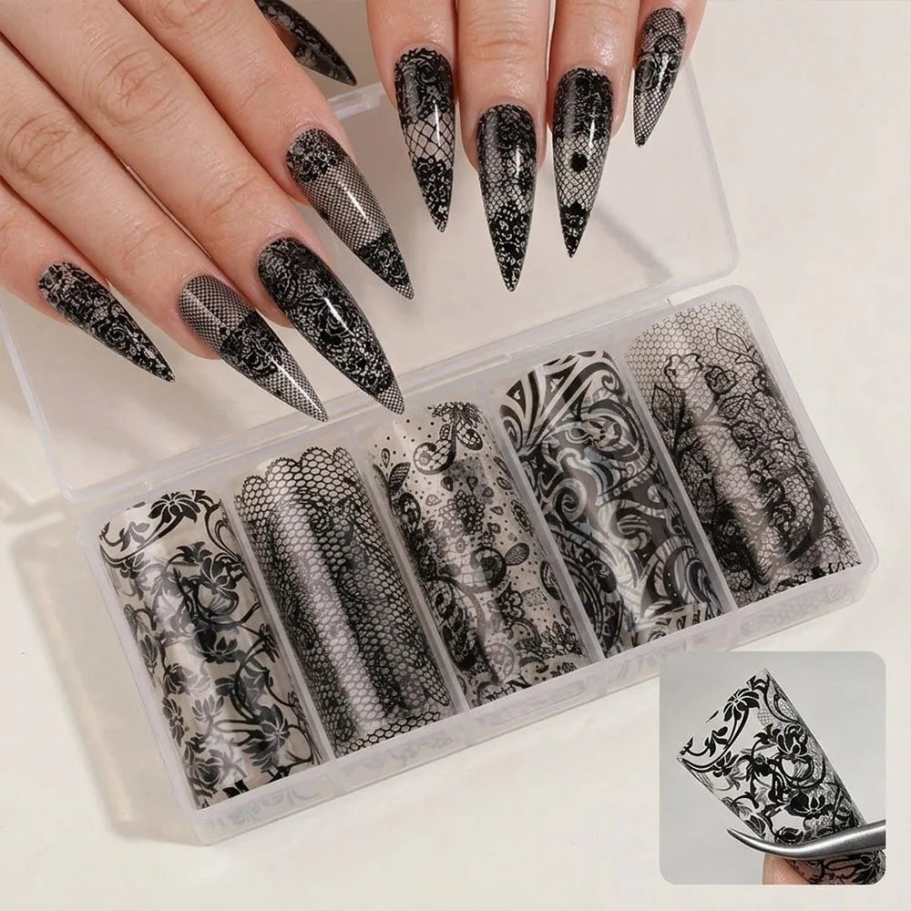 Holographic Lace Nail Foil Stickers | Black & White Sequin Decals Nail Foil Stickers QXL